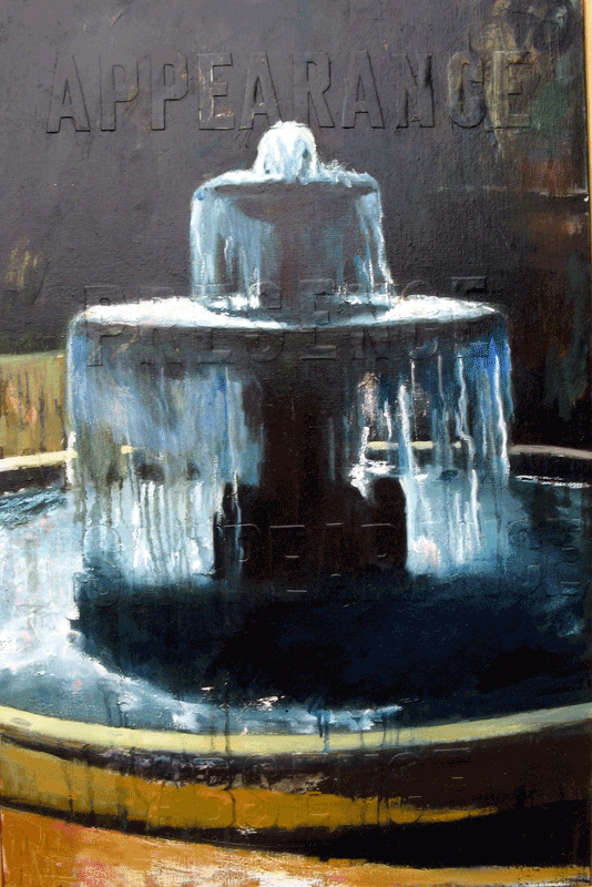 Painting of a Fountain at Versailles with the embossed words appearance, presence, disappearance, absence